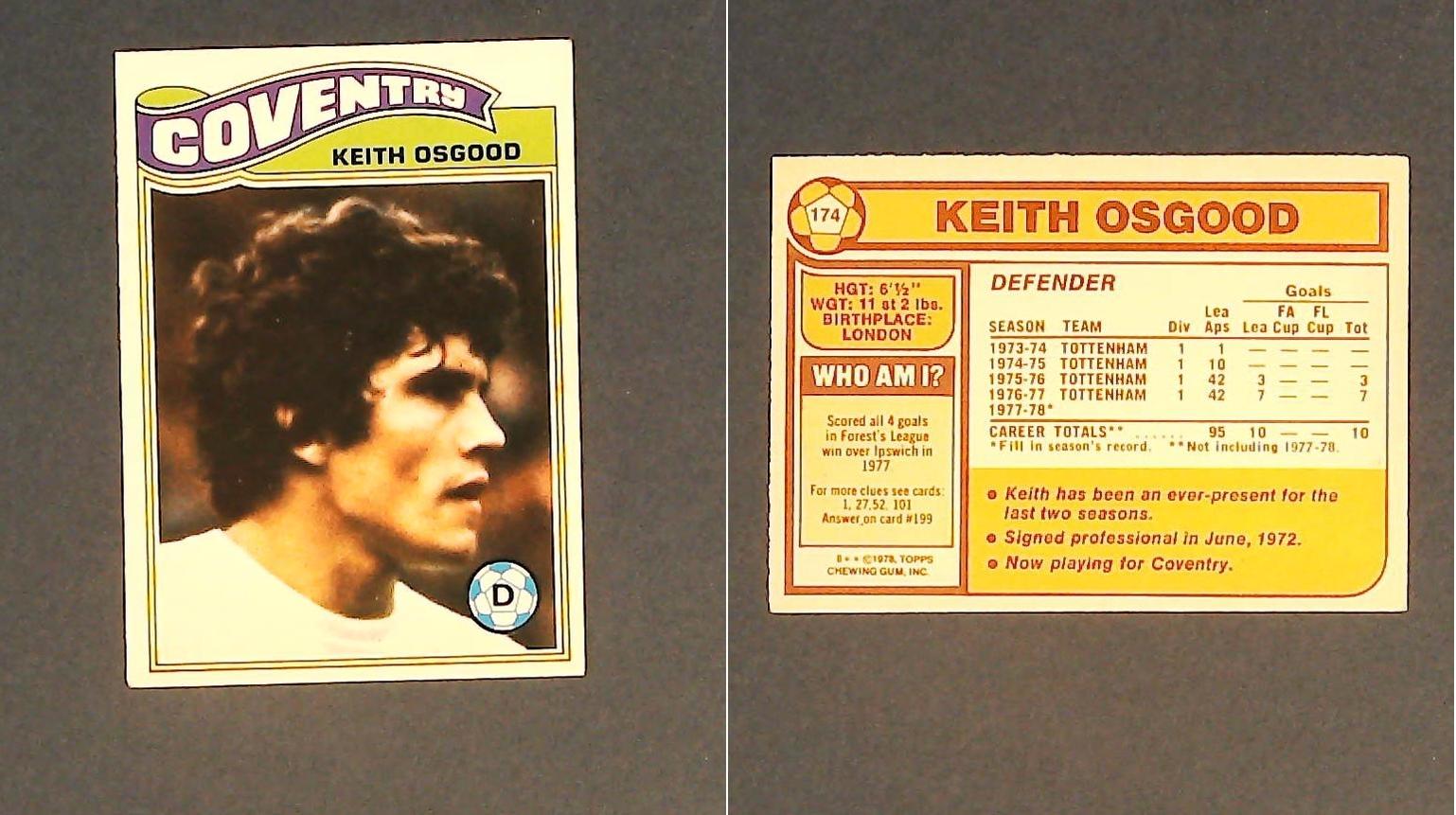 Topps Chewing Gum Orange Back Football Cards - 1978 No 174 Keith Osgood Coventry City