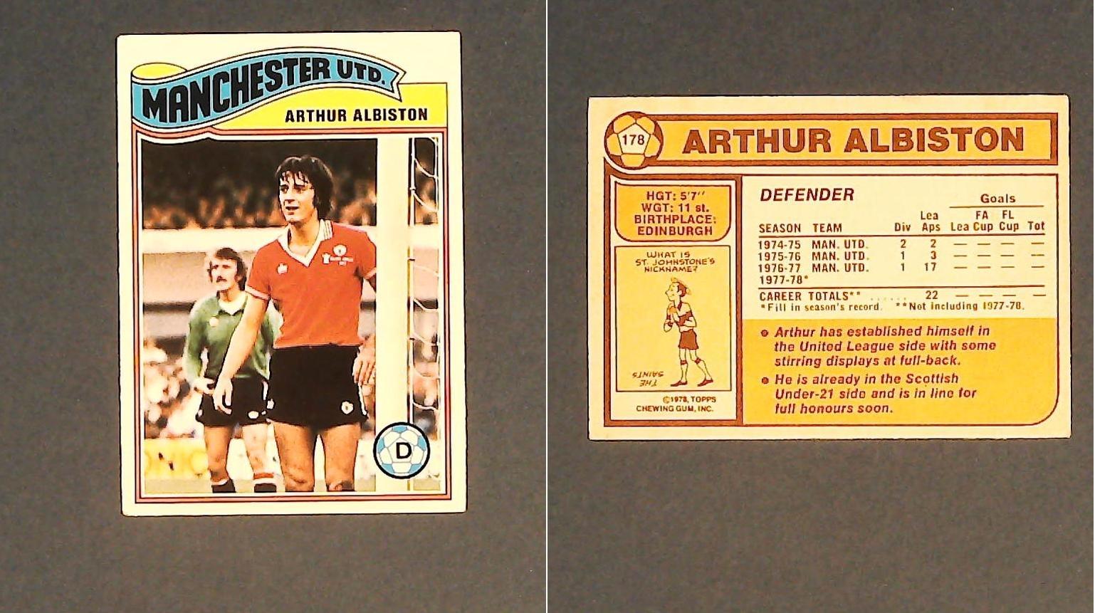 Topps Chewing Gum Orange Back Football Cards - 1978 No 178 Arthur Albiston Manchester United