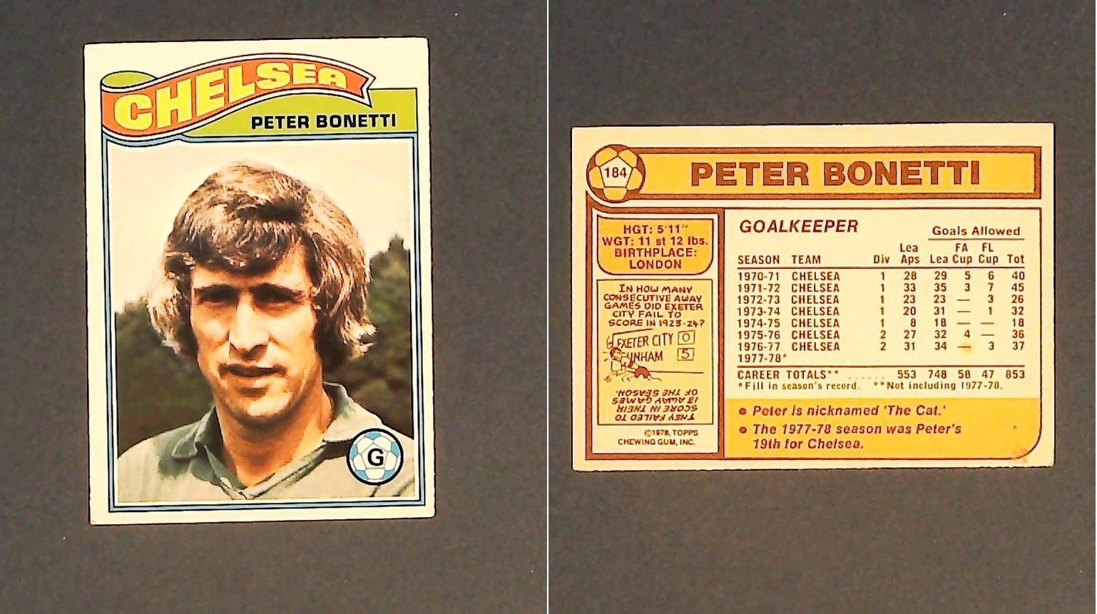 Topps Chewing Gum Orange Back Football Cards - 1978 No 184 Peter Bonetti Chelsea