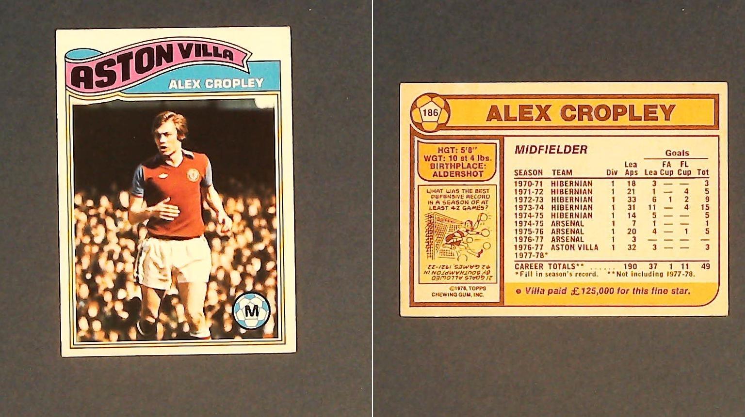 Topps Chewing Gum Orange Back Football Cards - 1978 No186 Alex Cropley Aston Villa