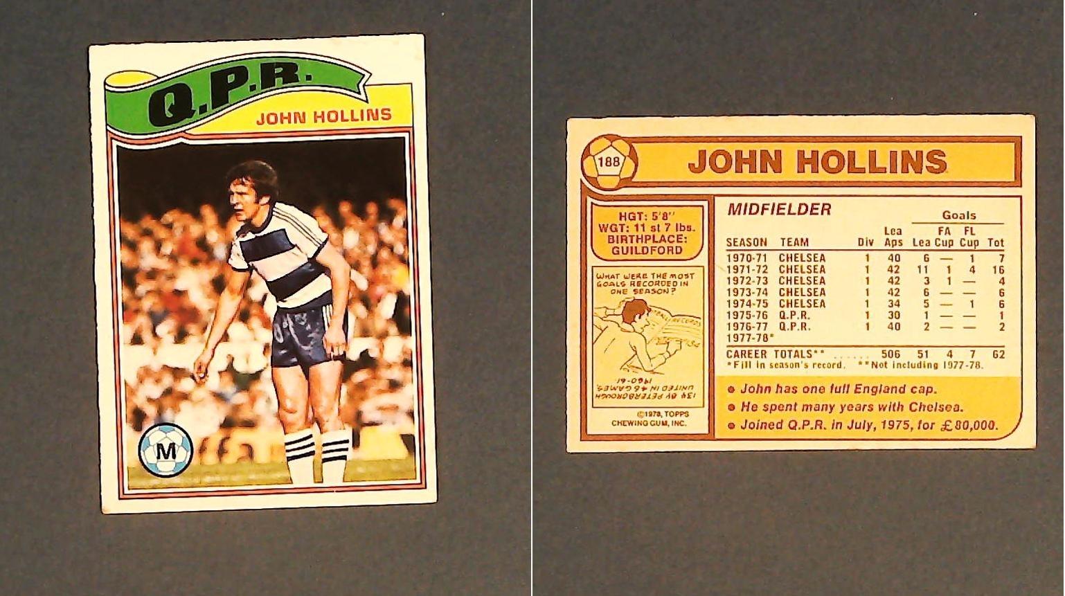 Topps Chewing Gum Orange Back Football Cards - 1978 No188 John Hollins Queens Park Rangers