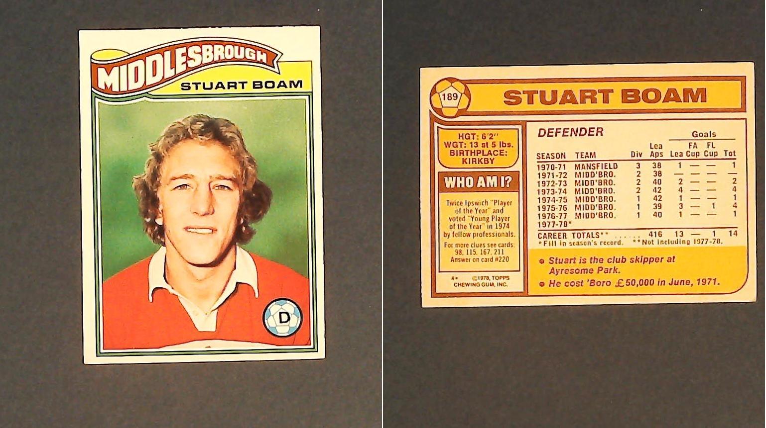 Topps Chewing Gum Orange Back Football Cards - 1978 No 189 Stuart Boam Middlesbrough