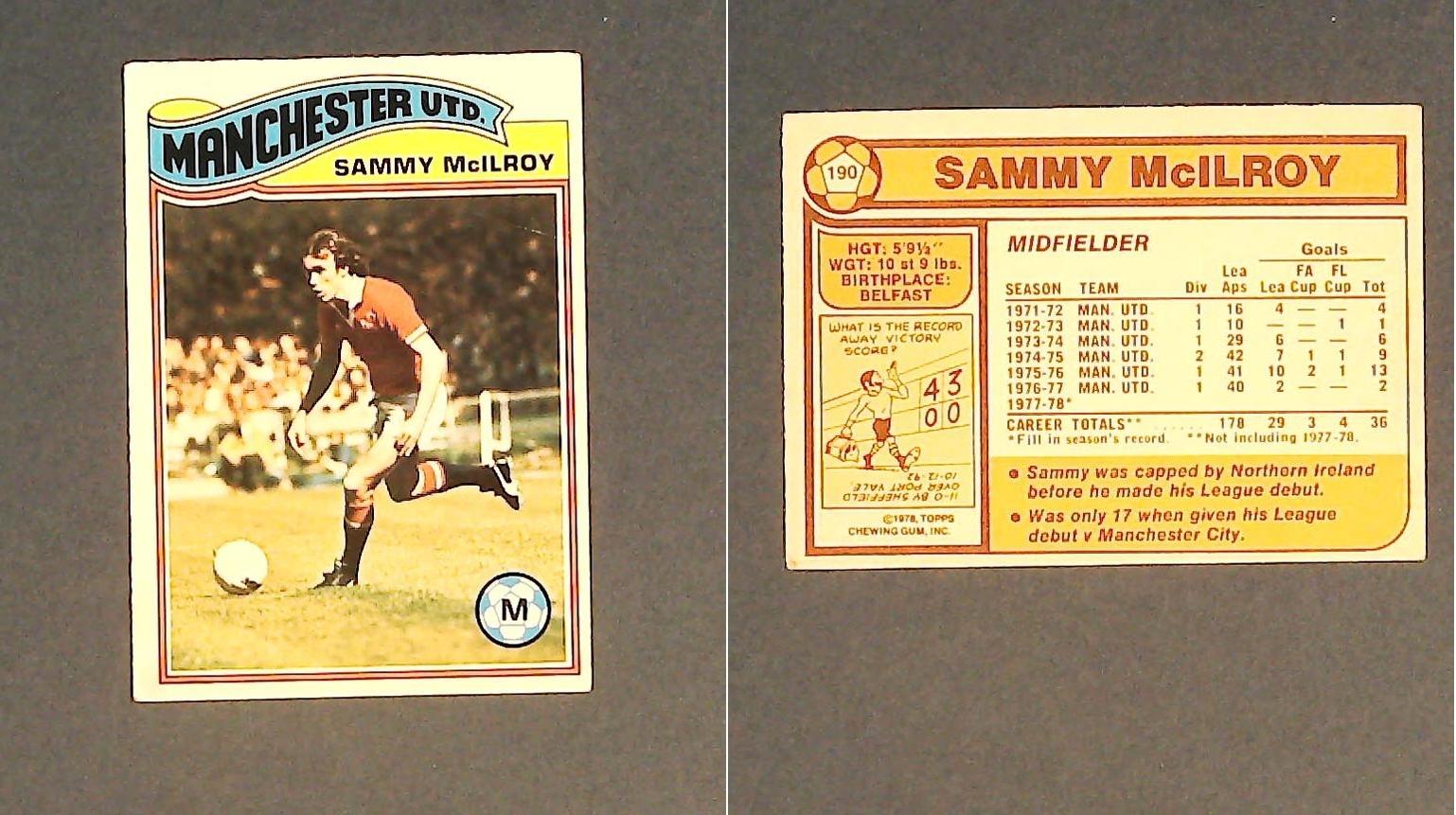 Topps Chewing Gum Orange Back Football Cards - 1978 No 190 Sam (Sammy) McIlroy Manchester United
