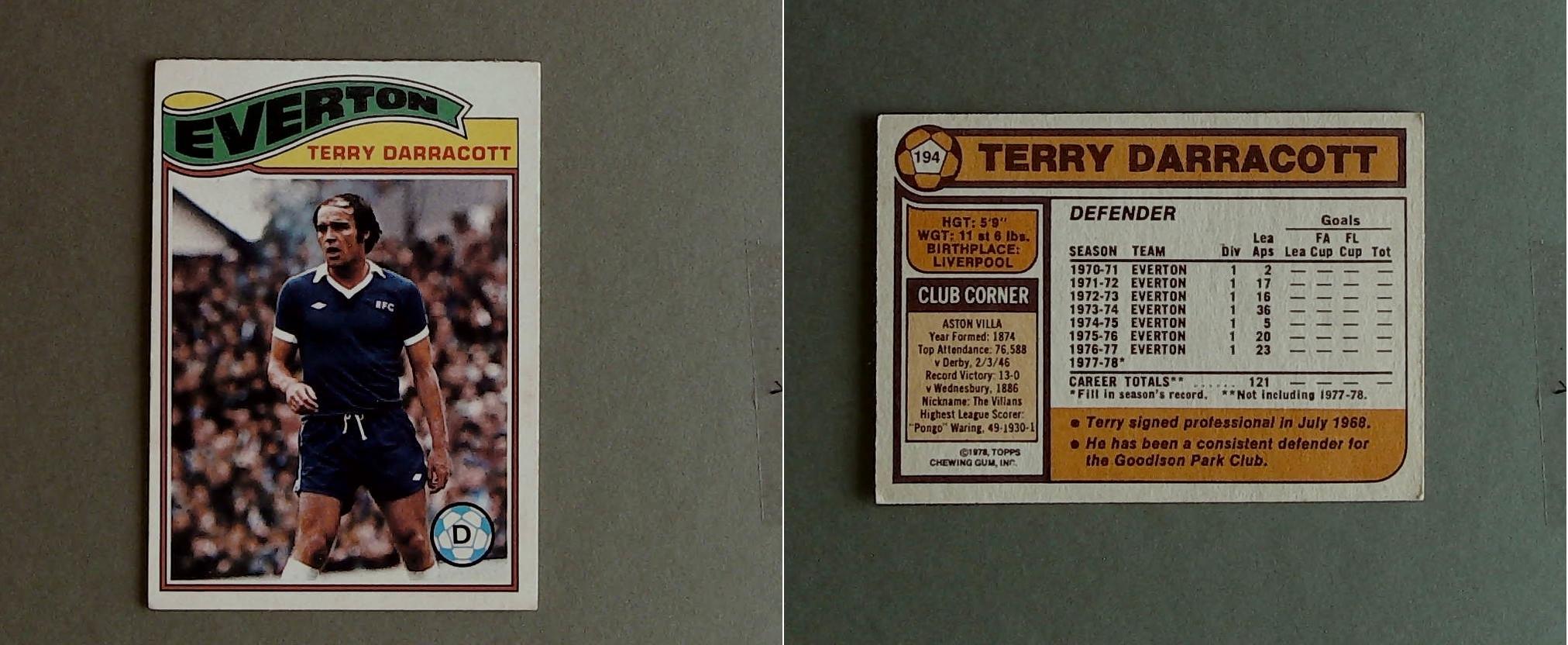 Topps Chewing Gum Orange Back Football Cards - 1978 No 194 Terry Darracott Everton