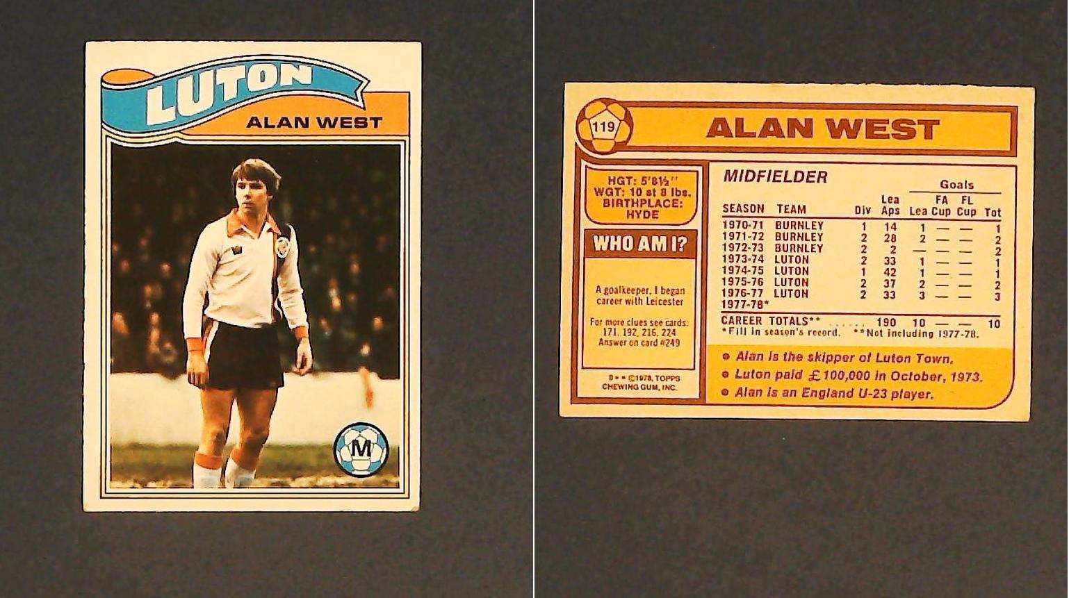 Topps Chewing Gum Orange Back Football Cards - 1978 No 119 Alan West Luton Town