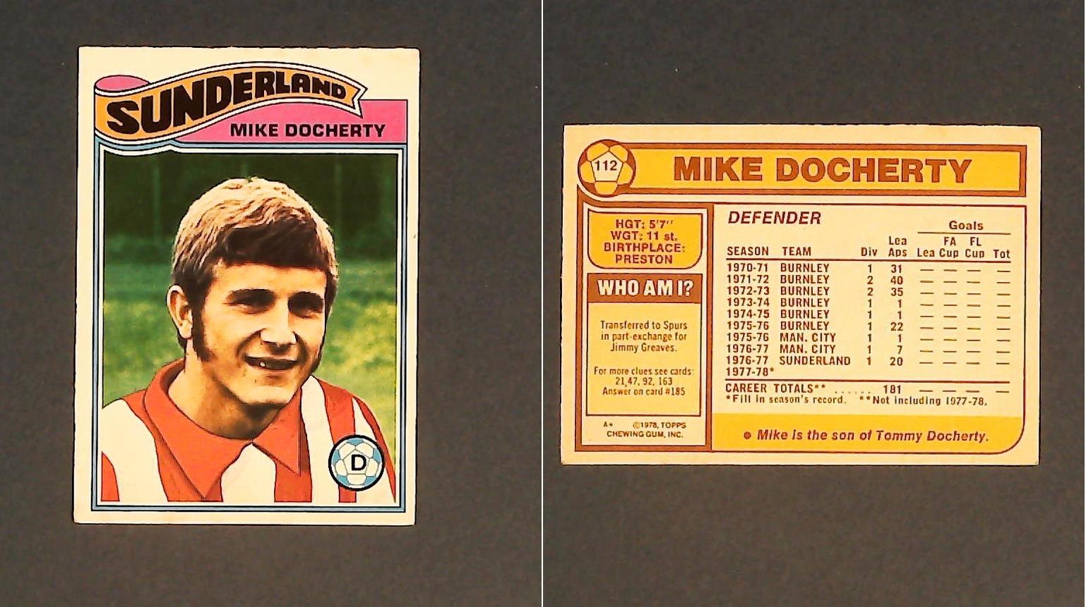 Topps Chewing Gum Orange Back Football Cards - 1978 No112 Mike Docherty Sunderland