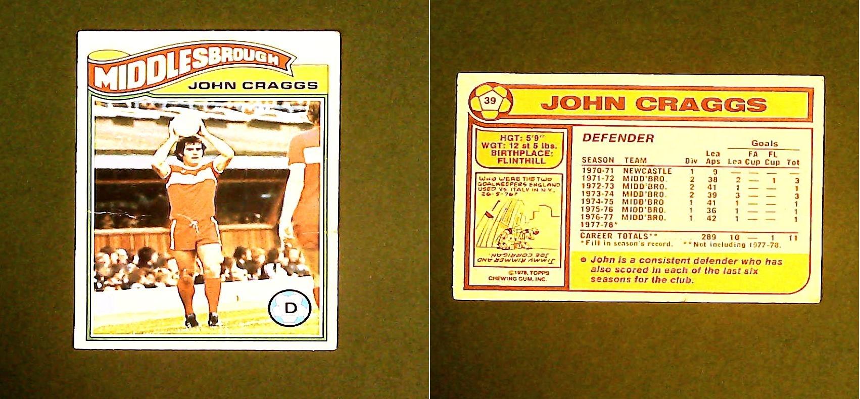 Topps Chewing Gum Orange Back Football Cards - 1978 No39 John Craggs Middlesbrough