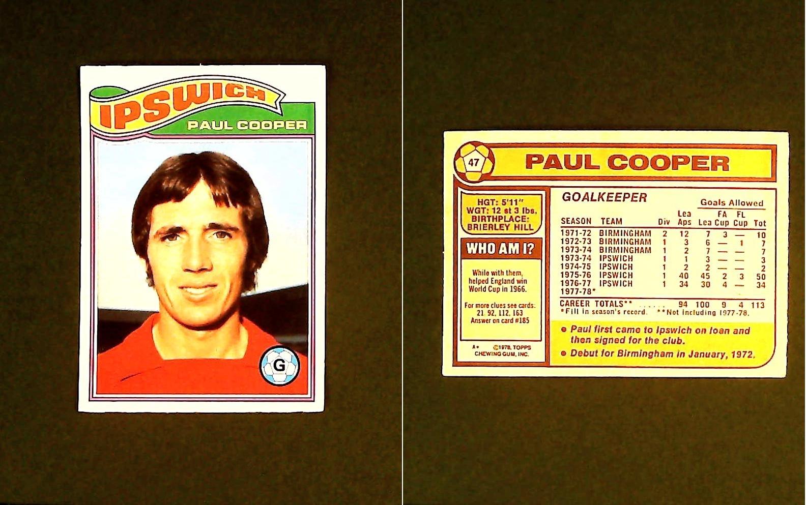 Topps Chewing Gum Orange Back Football Cards - 1978 No. 47 Paul Cooper Ipswich Town