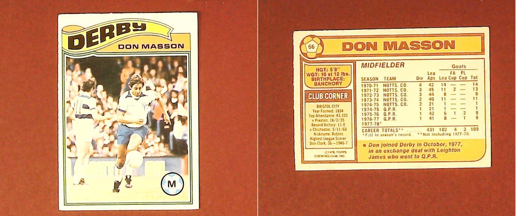 Topps Chewing Gum Orange Back Football Cards - 1978 No.66 Don Masson Derby County